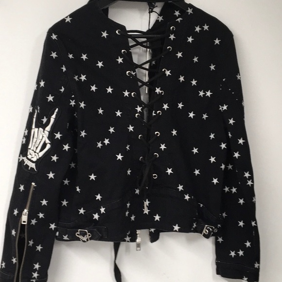 Diesel  Black Denim  Jachet, Embroidery White Stars  skull  open laced back - Picture 5 of 16